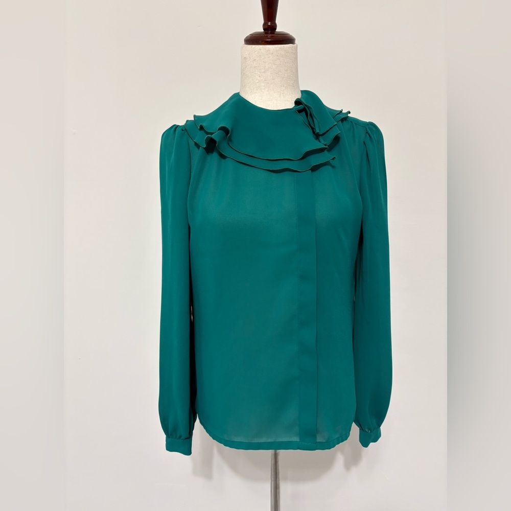 Vintage 80s Bethany Ruffle Neck Blouse Sz 7/8 Victorian Regency Teal